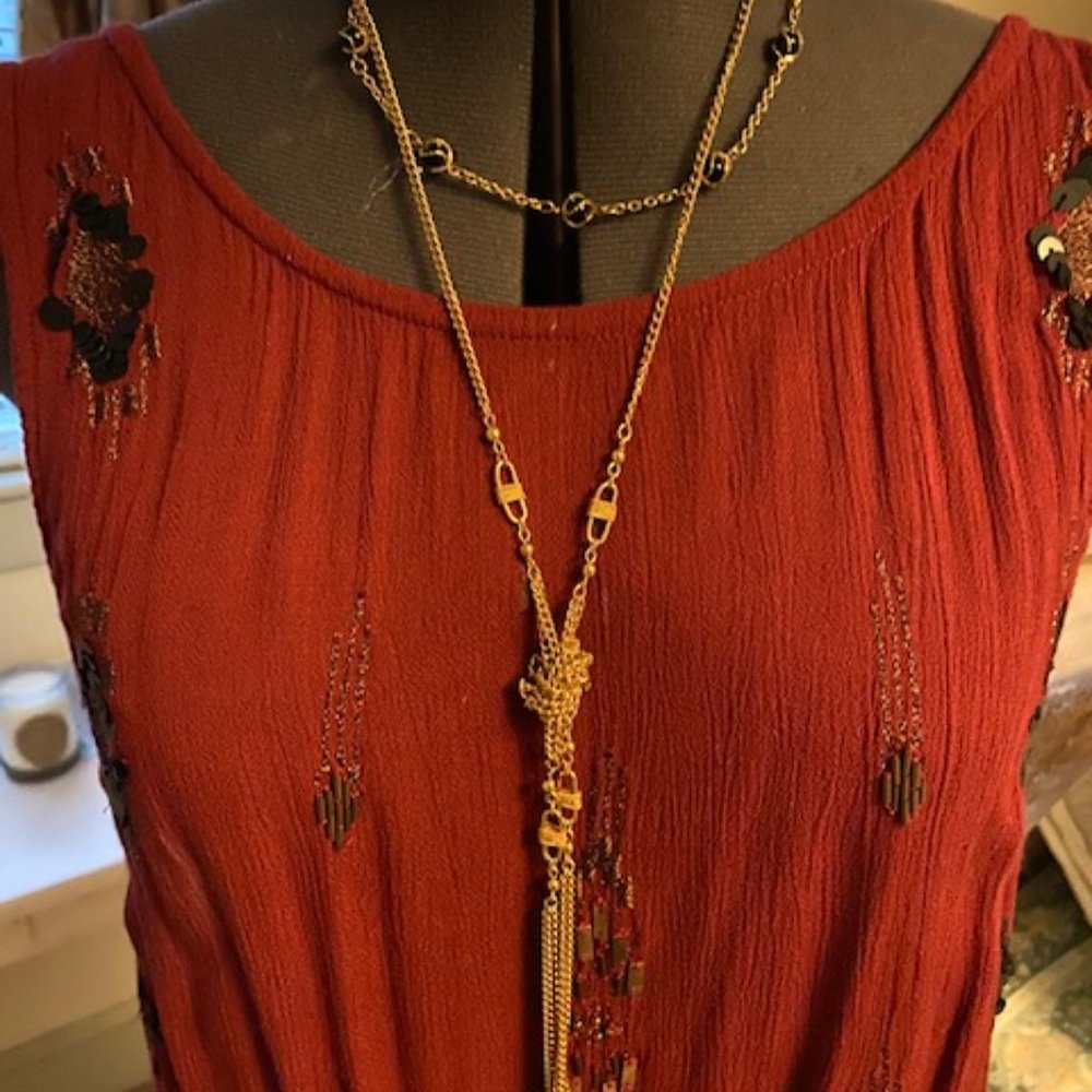 Vintage lot caged black bead choker 17" and 39" long gold tone chain